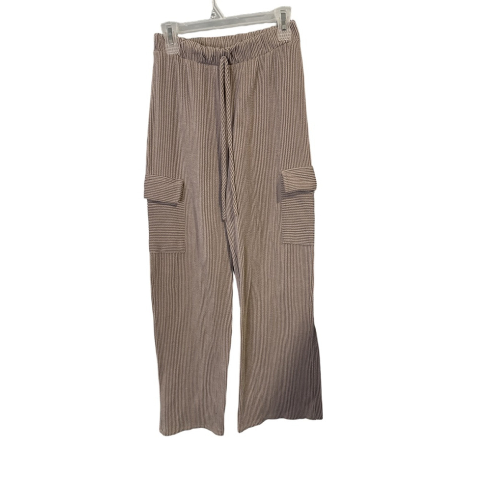 Fashion Nova Wide Leg Cargo Pants Vertical Stripe Brown Beige Size L